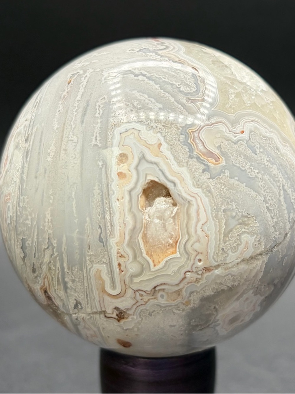 Polished White Mexican Agate Sphere with Crystalline Geode - Picture 4 of 4